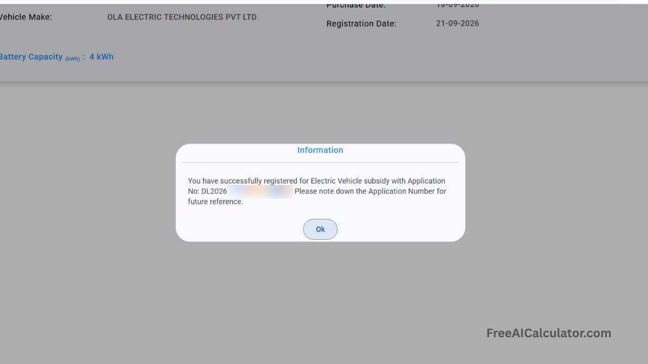 Successful Registration Popup with Application Number